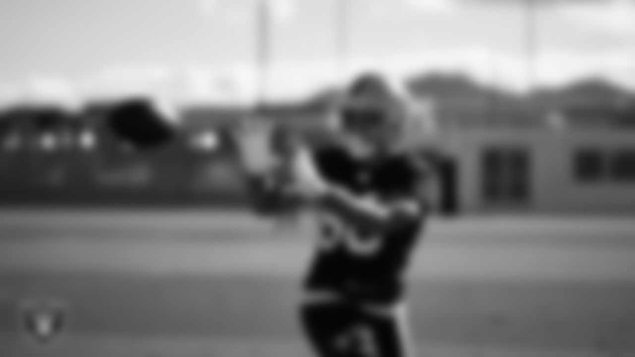 Las Vegas Raiders tight end Albert Okwuegbunam (86) during practice at Intermountain Health Performance Center.