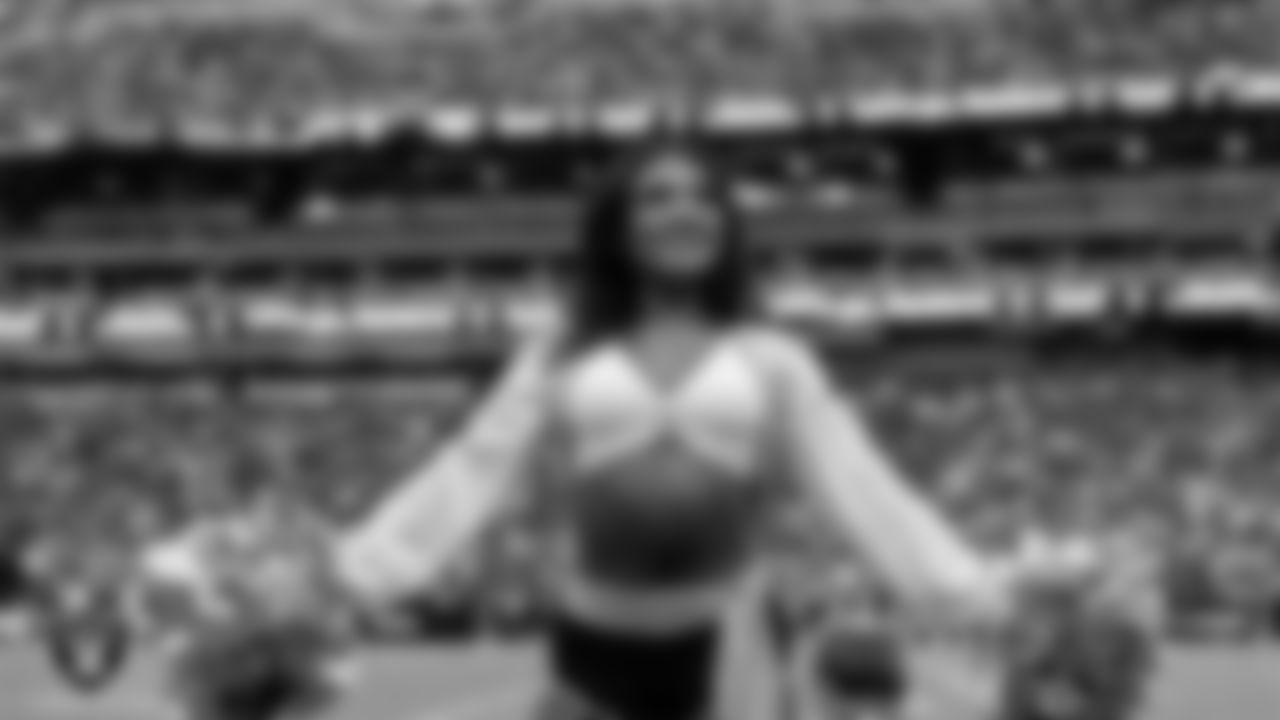 Raiderette Sloane on the sidelines during the preseason home game against the San Francisco 49ers at Allegiant Stadium.