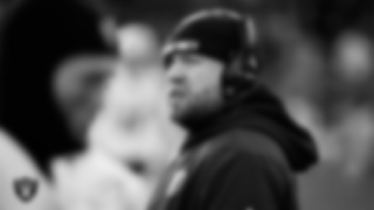 Las Vegas Raiders assistant offensive line coach Andy Dickerson on the sidelines during the regular season away game against the Philadelphia Eagles at Lincoln Financial Field.