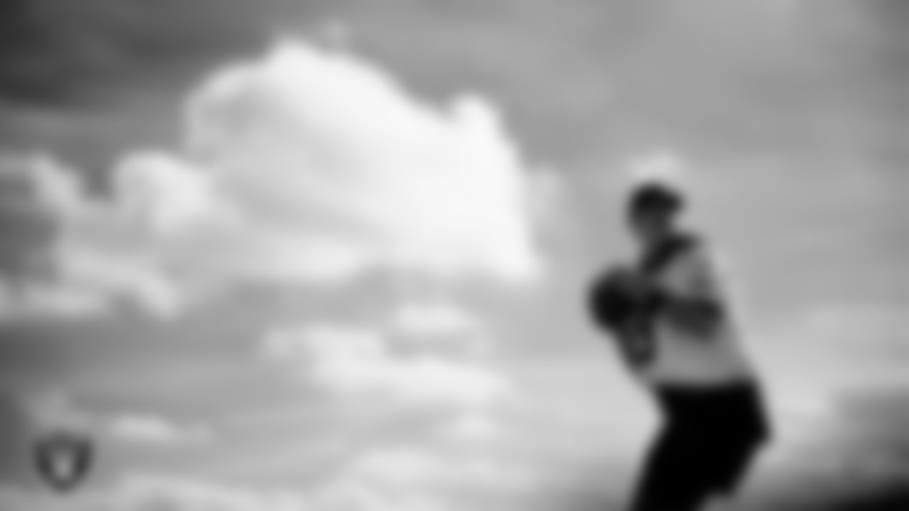 Las Vegas Raiders quarterback Aidan O'Connell (12) during practice at Intermountain Health Performance Center.