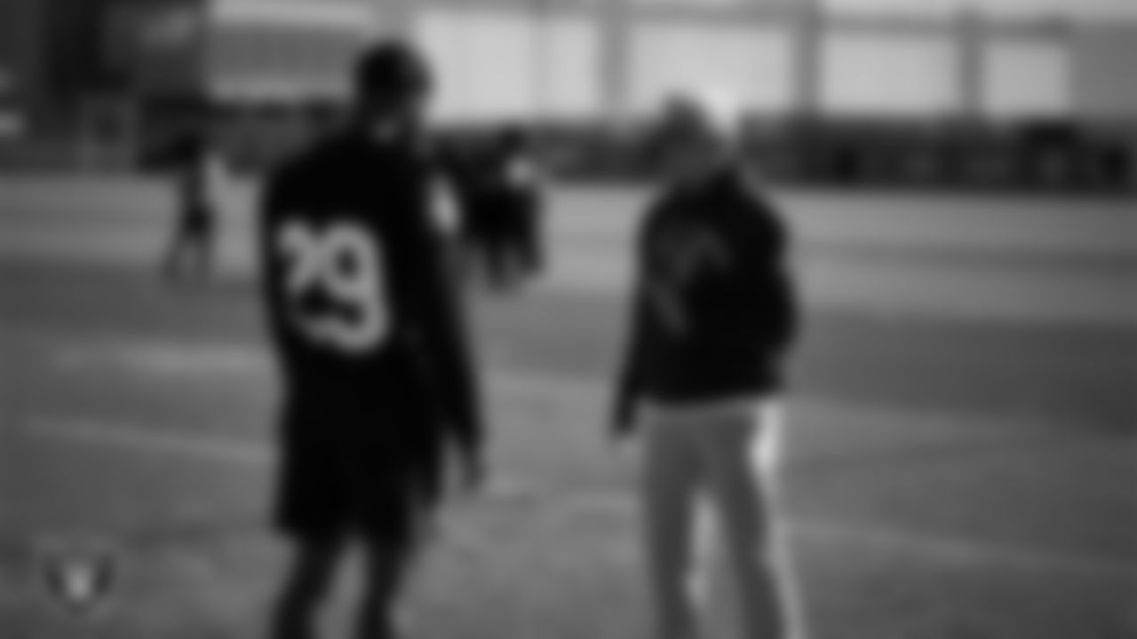 Las Vegas Raiders cornerback Chigozie Anusiem (29) and Head Coach Pete Carroll during practice at Intermountain Health Performance Center.