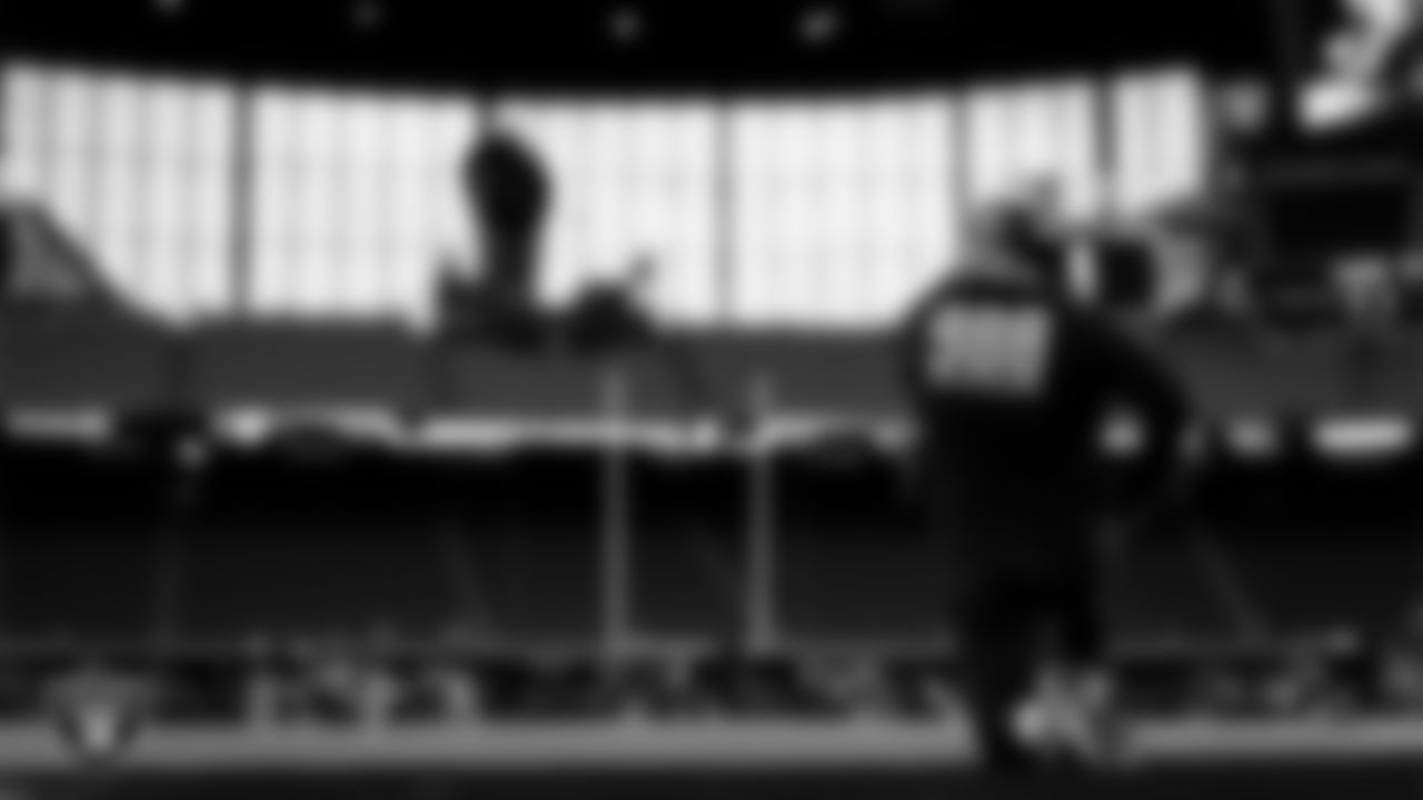 Las Vegas Raiders center/guard Jordan Meredith (61) warming up before the regular season home game against the Dallas Cowboys at Allegiant Stadium.