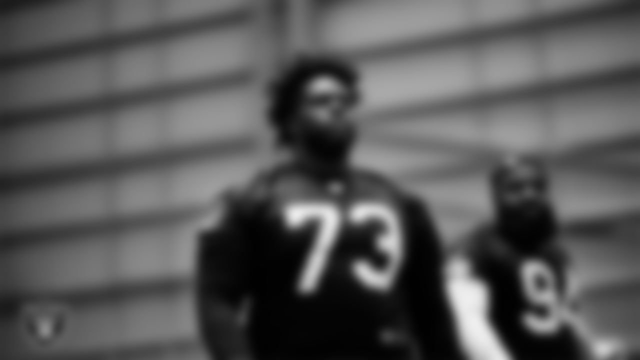 Las Vegas Raiders defensive tackle Tank Booker (73) at a workout during phase two of the offseason program at Intermountain Health Performance Center.