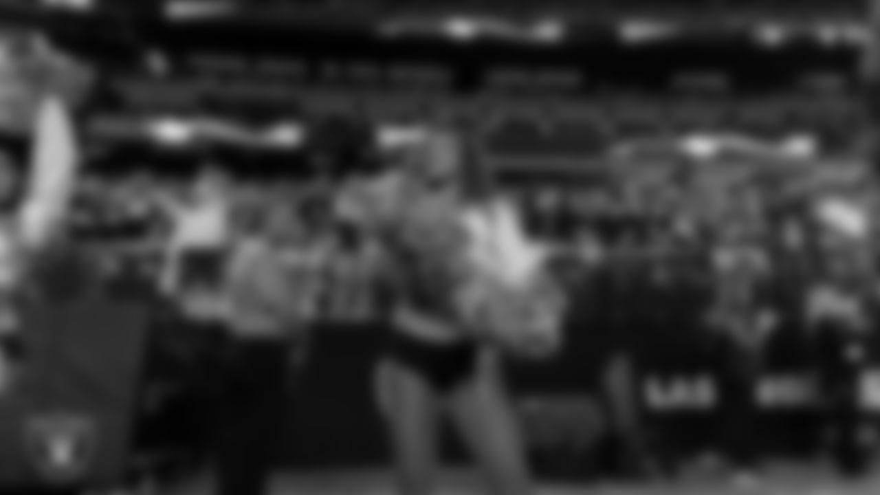 Raiderette Lexie on the sidelines during the regular season home game against the Dallas Cowboys at Allegiant Stadium.