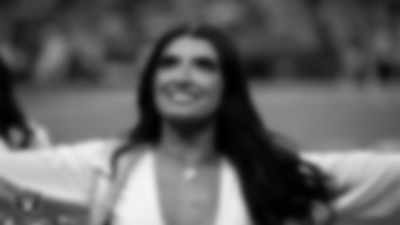 Raiderette Kylee on the sidelines during the regular season home game against the Cleveland Browns at Allegiant Stadium.