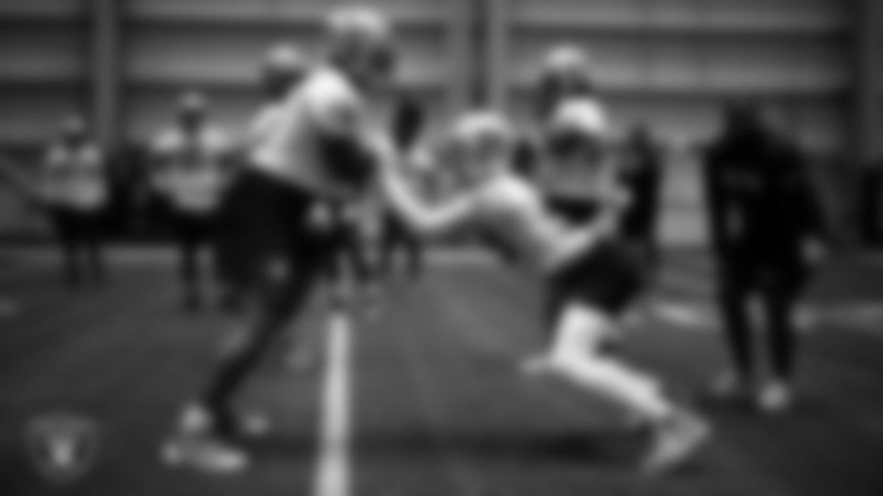 Las Vegas Raiders defensive end Tyree Wilson (9) and defensive end Maxx Crosby (98) during practice at Intermountain Health Performance Center.