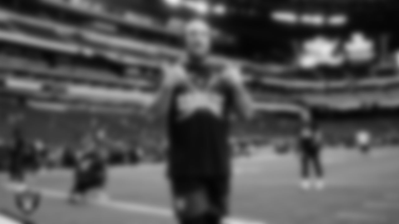 Las Vegas Raiders running back Dylan Laube (23) warming up before the preseason home game against the San Francisco 49ers at Allegiant Stadium.