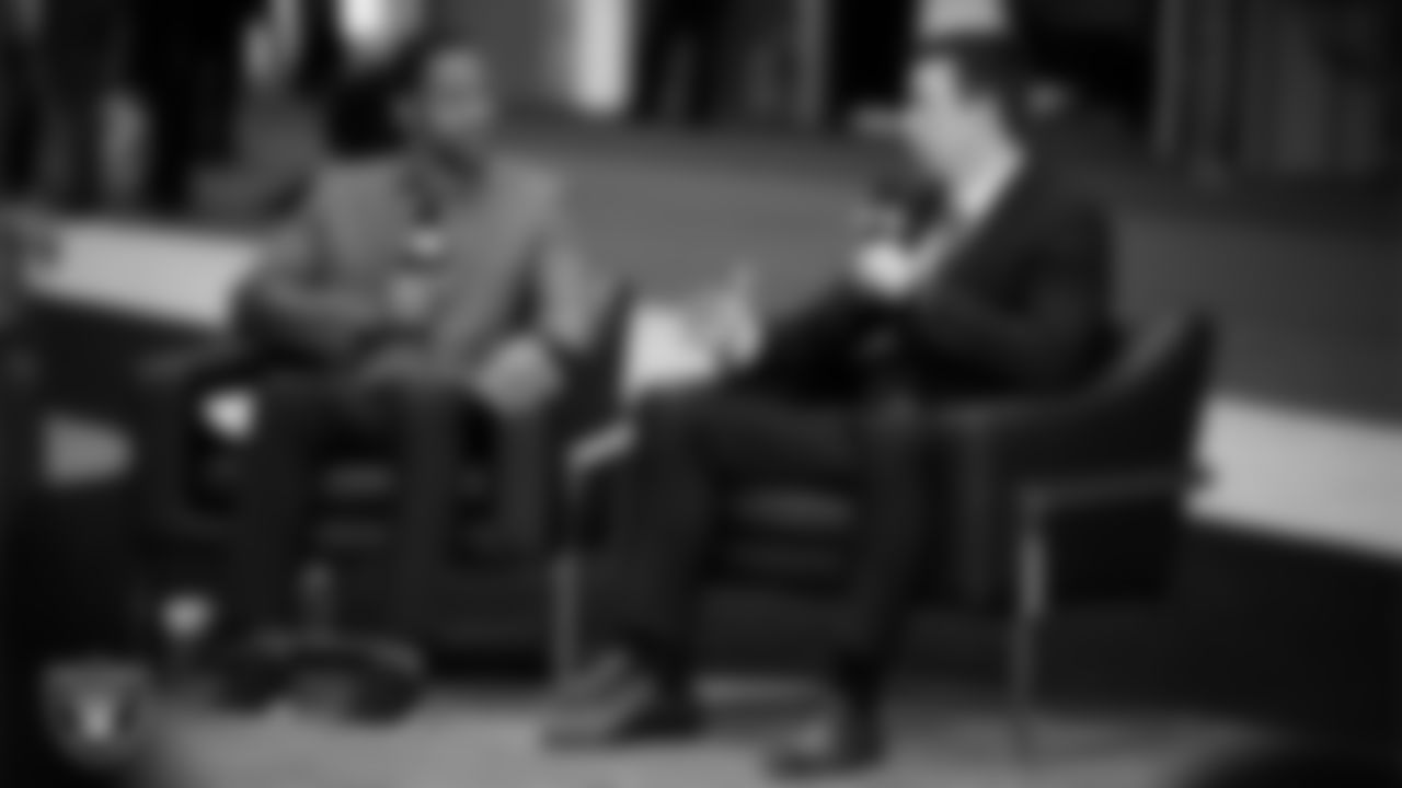 Las Vegas Raiders Head Coach Klint Kubiak is interviewed following his introductory press conference at Intermountain Health Performance Center.