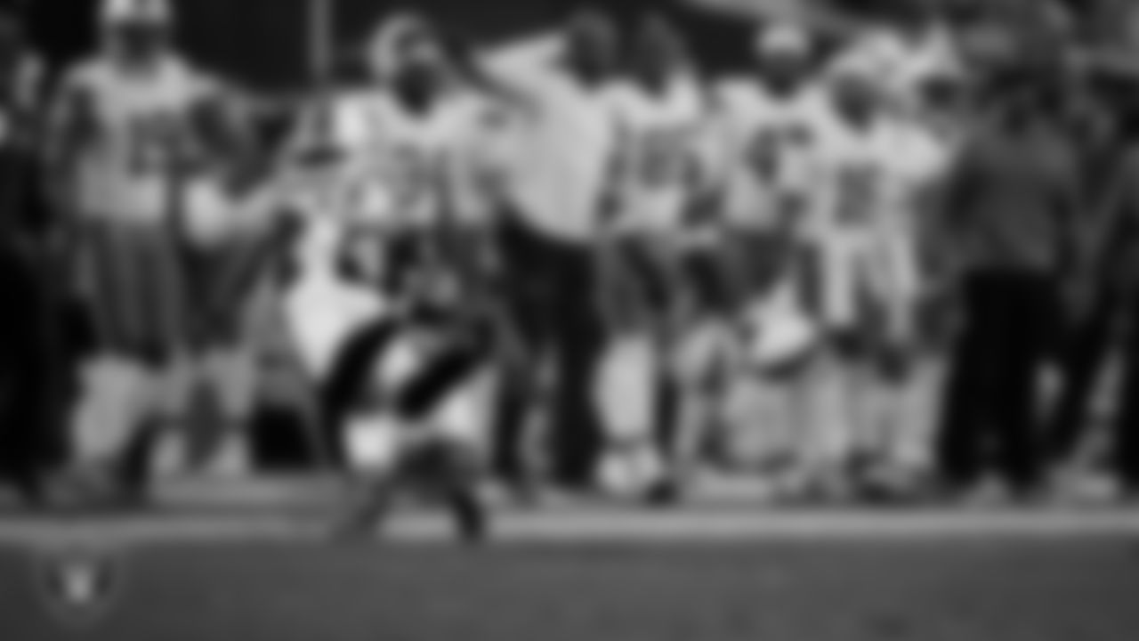 Las Vegas Raiders linebacker Tommy Eichenberg (44) makes a tackle during the regular season home game against the Cleveland Browns at Allegiant Stadium.