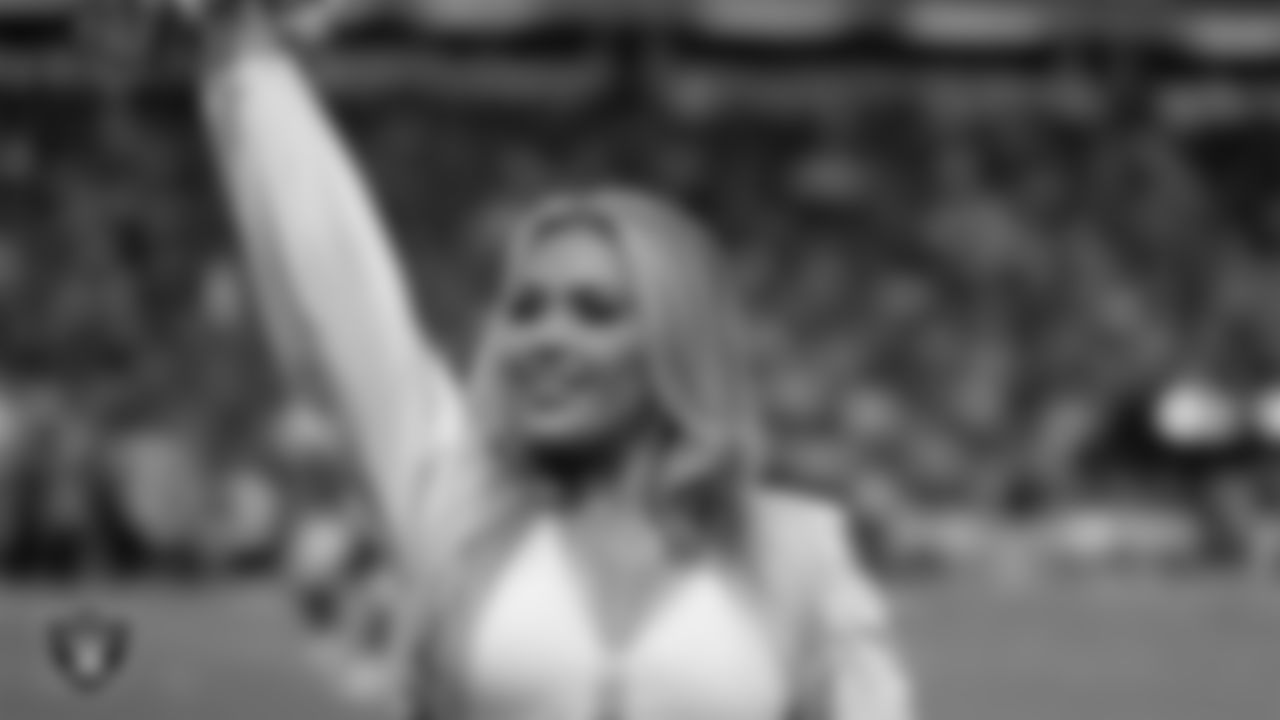 Raiderette Devyn on the sidelines during the regular season home game against the Denver Broncos at Allegiant Stadium.