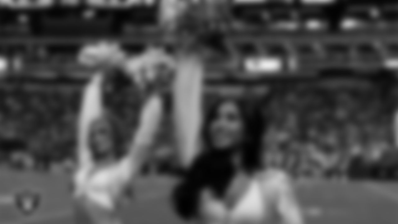 Raiderette Meekela on the sidelines during the regular season home game against the Denver Broncos at Allegiant Stadium.