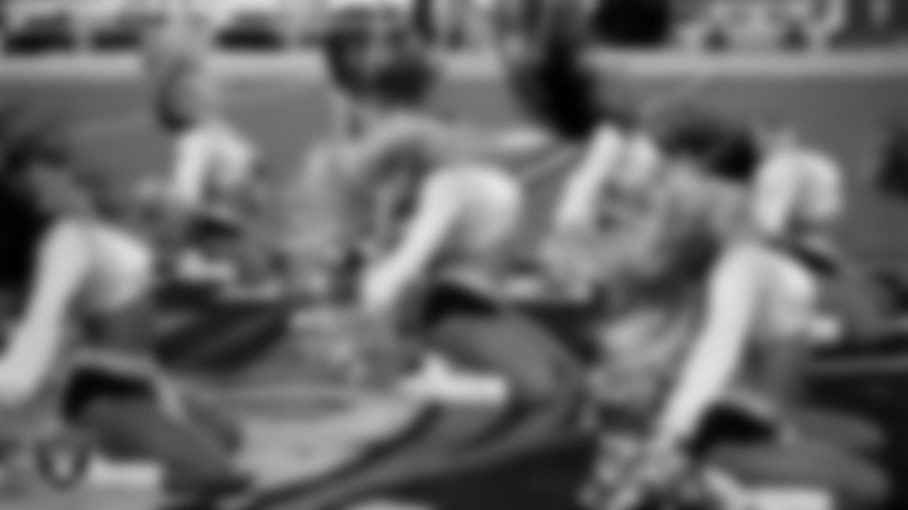 Raiderette Devyn performs on the field before the regular season home game against the Los Angeles Chargers at Allegiant Stadium.