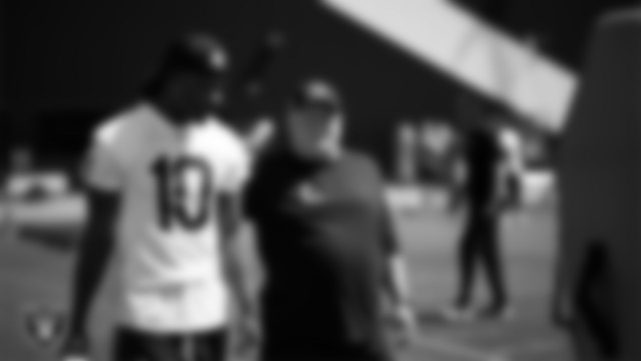 Las Vegas Raiders wide receiver Dont'e Thornton Jr. (10) and offensive coordinator Chip Kelly at an Organized Team Activity (OTA) at Intermountain Health Performance Center.