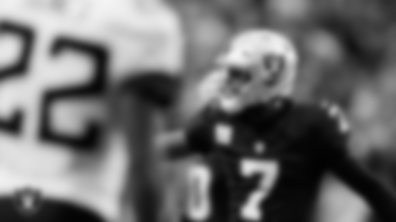 Las Vegas Raiders quarterback Geno Smith (7) celebrates after tight end Brock Bowers' (89) makes a 7-yard touchdown catch during the regular season home game against the Jacksonville Jaguars at Allegiant Stadium.