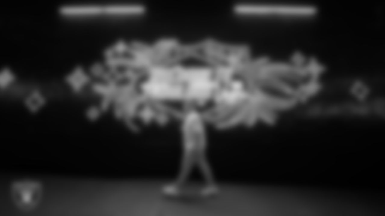 Las Vegas Raiders center Will Putnam (67) arrives to the regular season home game against the Los Angeles Chargers at Allegiant Stadium.