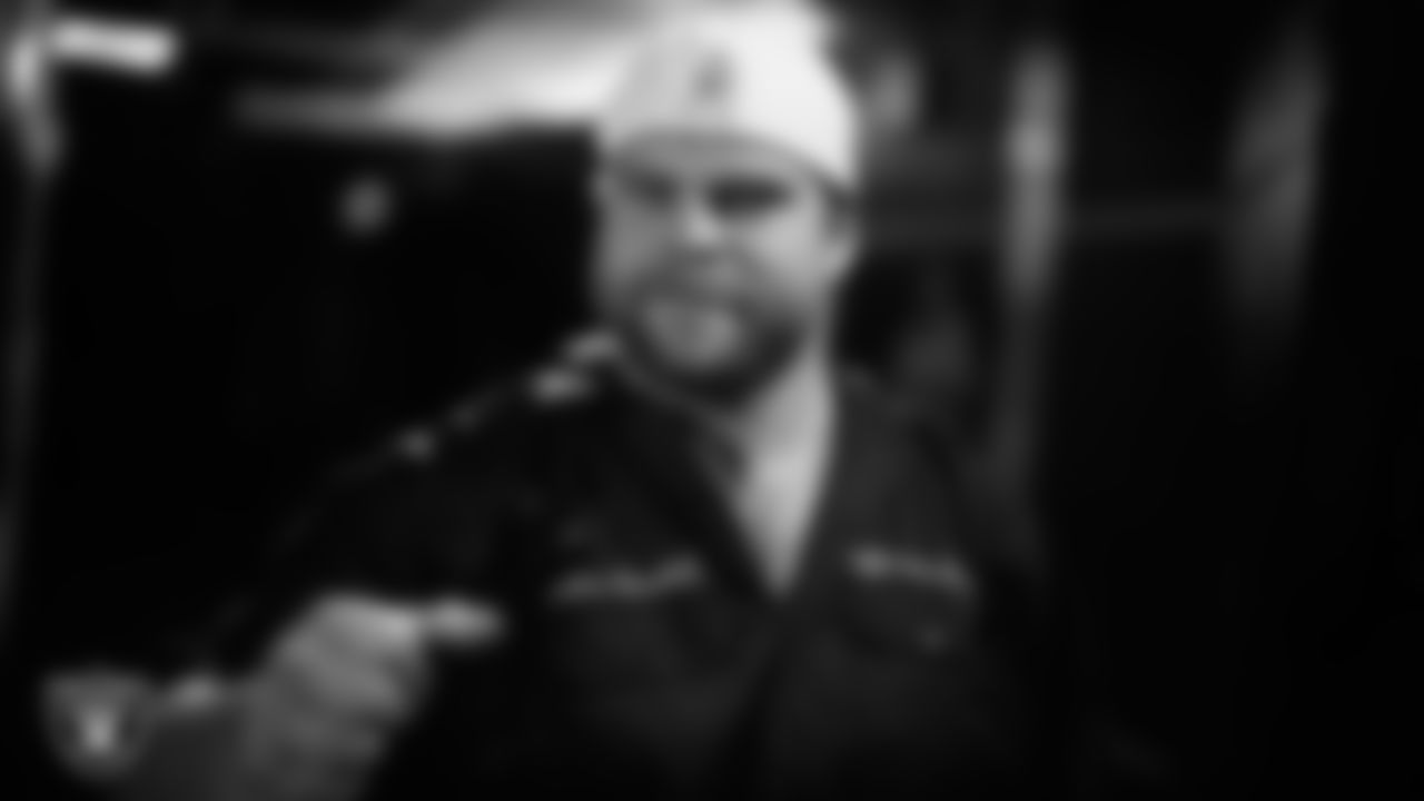 Las Vegas Raiders center/guard Jordan Meredith (61) arrives to the regular season home game against the Denver Broncos at Allegiant Stadium.