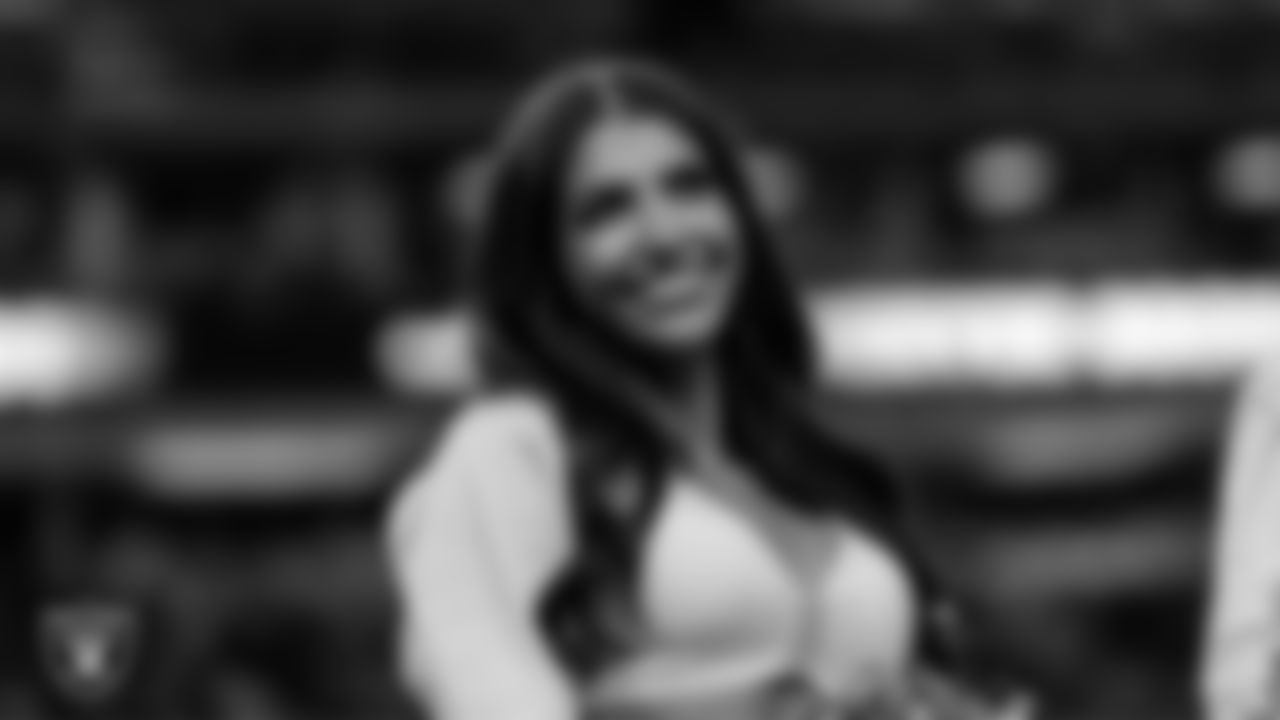 Raiderette Ashtin on the sidelines during the regular season home game against the Denver Broncos at Allegiant Stadium.