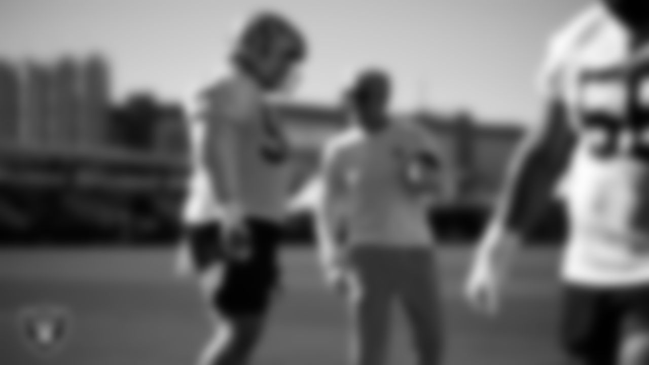 Las Vegas Raiders center/guard Jackson Powers-Johnson (58) and Head Coach Pete Carroll on the field for practice at 2025 Training Camp at Intermountain Health Performance Center.