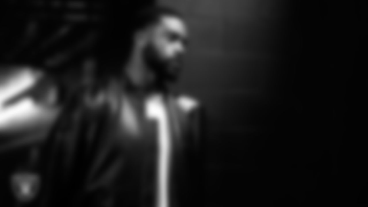 Las Vegas Raiders safety Jeremy Chinn (11) arrives to the regular season home game against the Denver Broncos at Allegiant Stadium.