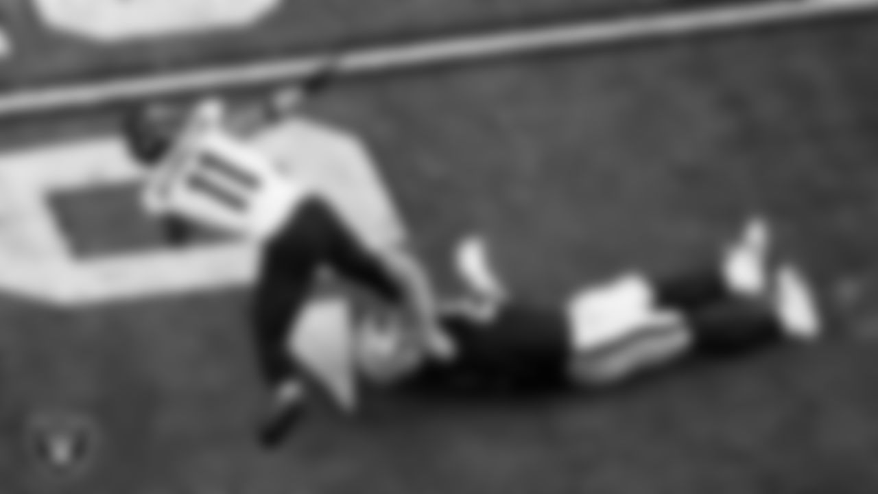 Las Vegas Raiders tight end Michael Mayer (87) makes a tackle during the regular season home game against the Jacksonville Jaguars at Allegiant Stadium.