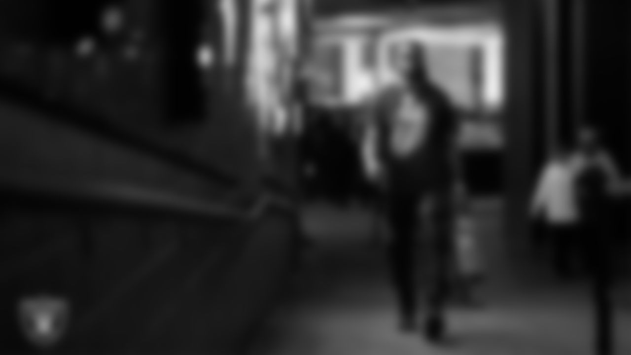 Las Vegas Raiders tight end Ian Thomas (80) arrives to the regular season home game against the Denver Broncos at Allegiant Stadium.