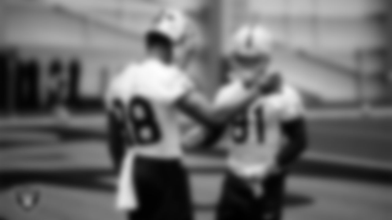 Las Vegas Raiders tight end Justin Shorter (88) and wide receiver Alex Bachman (81) at an Organized Team Activity (OTA) at Intermountain Health Performance Center.