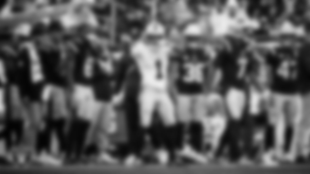 Las Vegas Raiders wide receiver Tre Tucker (1) celebrates after making a first down during the regular season away game against the New England Patriots at Gillette Stadium.