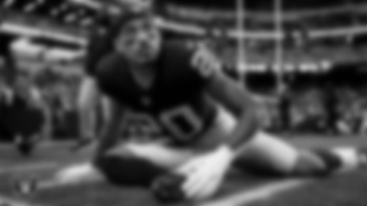 Las Vegas Raiders safety Isaiah Pola-Mao (20) warming up before the regular season home game against the Denver Broncos at Allegiant Stadium.