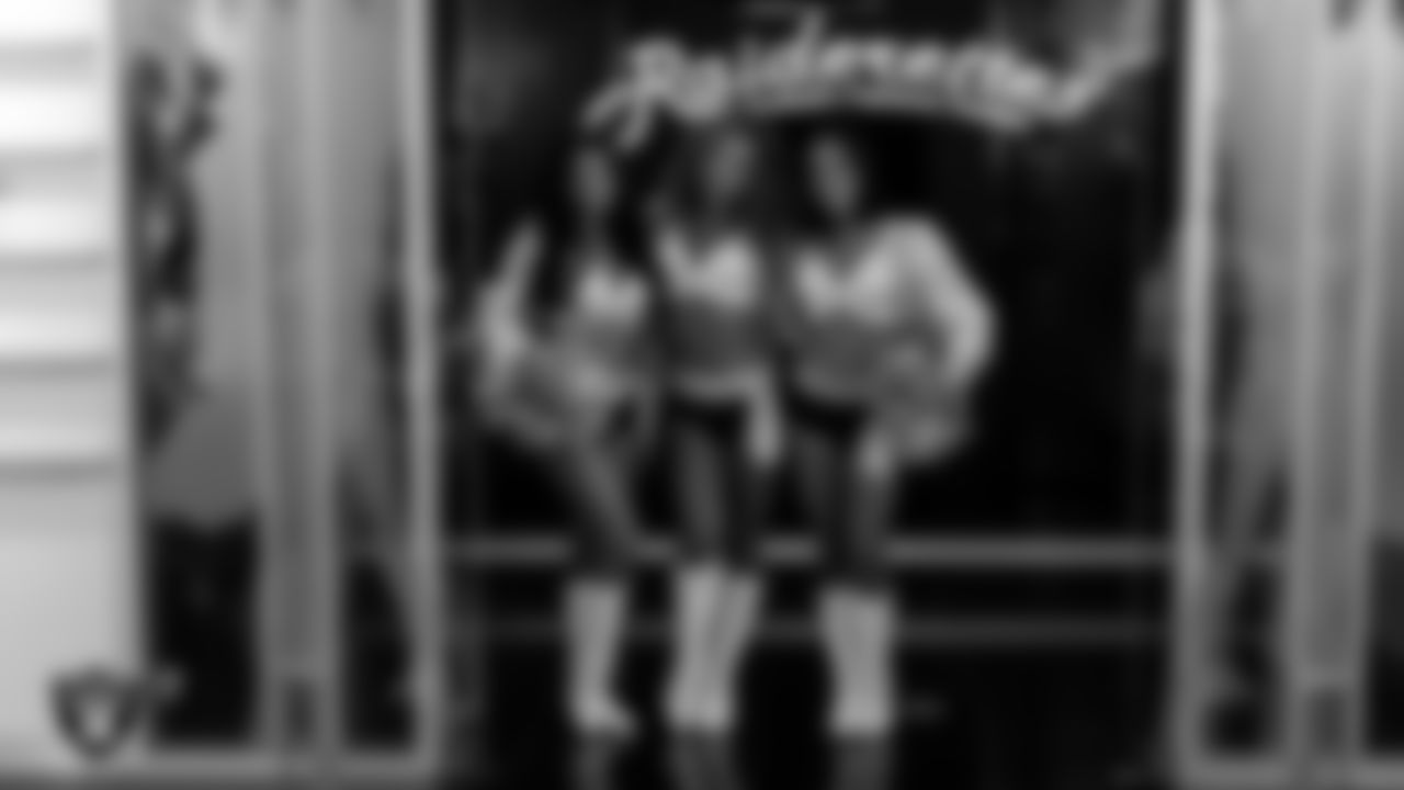 Raiderettes Kylee, Lexie and Kylie in the locker room during halftime at the Las Vegas Raiders preseason home game against the San Francisco 49ers at Allegiant Stadium.