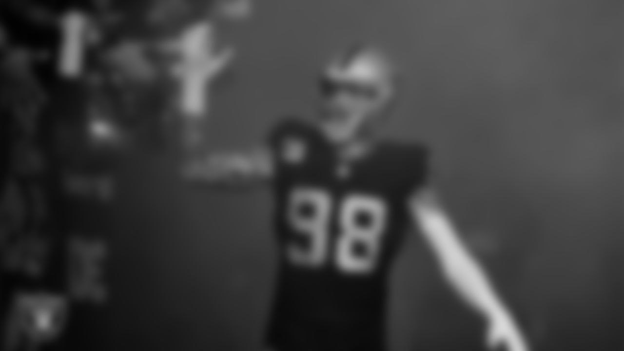 Las Vegas Raiders defensive end Maxx Crosby (98) as the team is introduced onto the field before the regular season home game against the Dallas Cowboys at Allegiant Stadium.