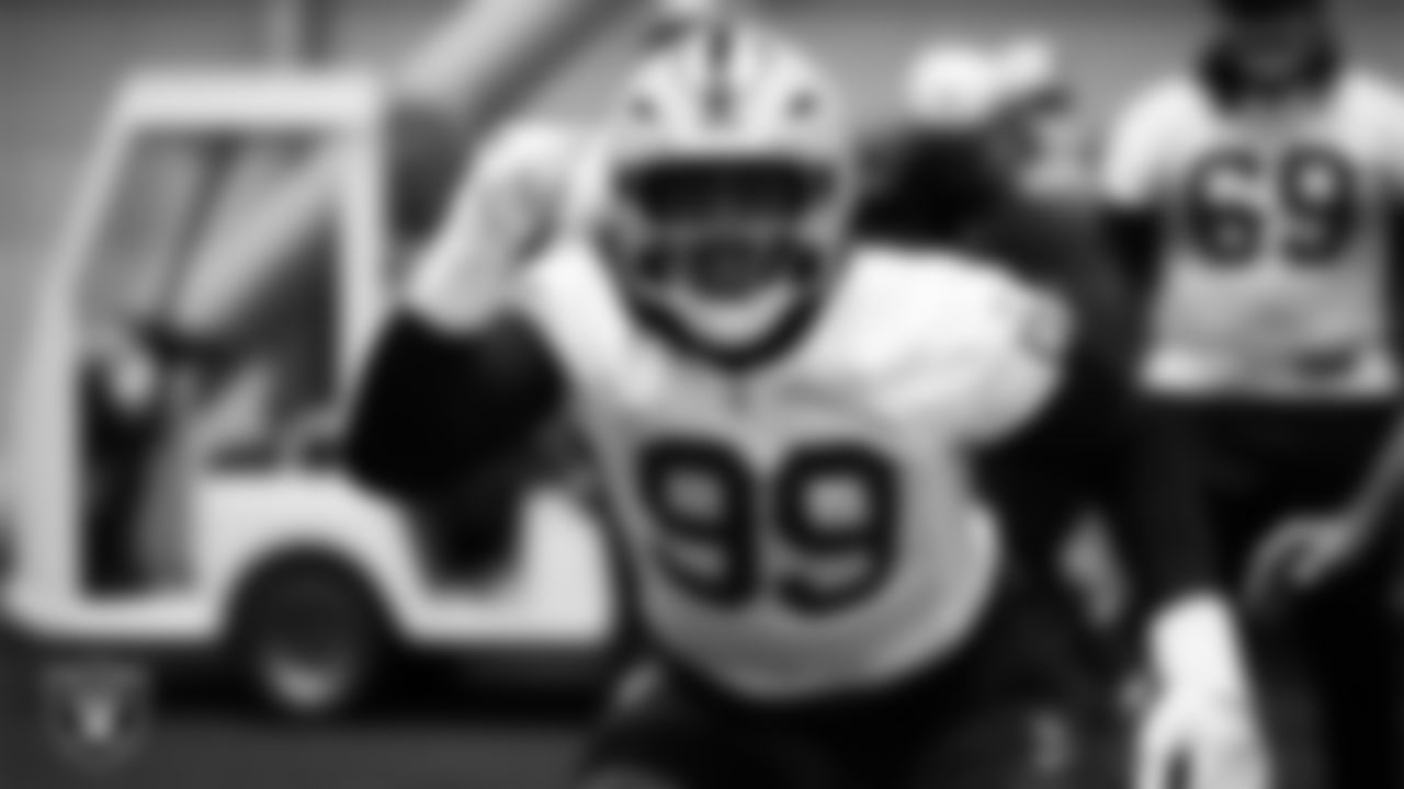 Las Vegas Raiders defensive tackle Thomas Booker IV (99) during practice at Intermountain Health Performance Center.