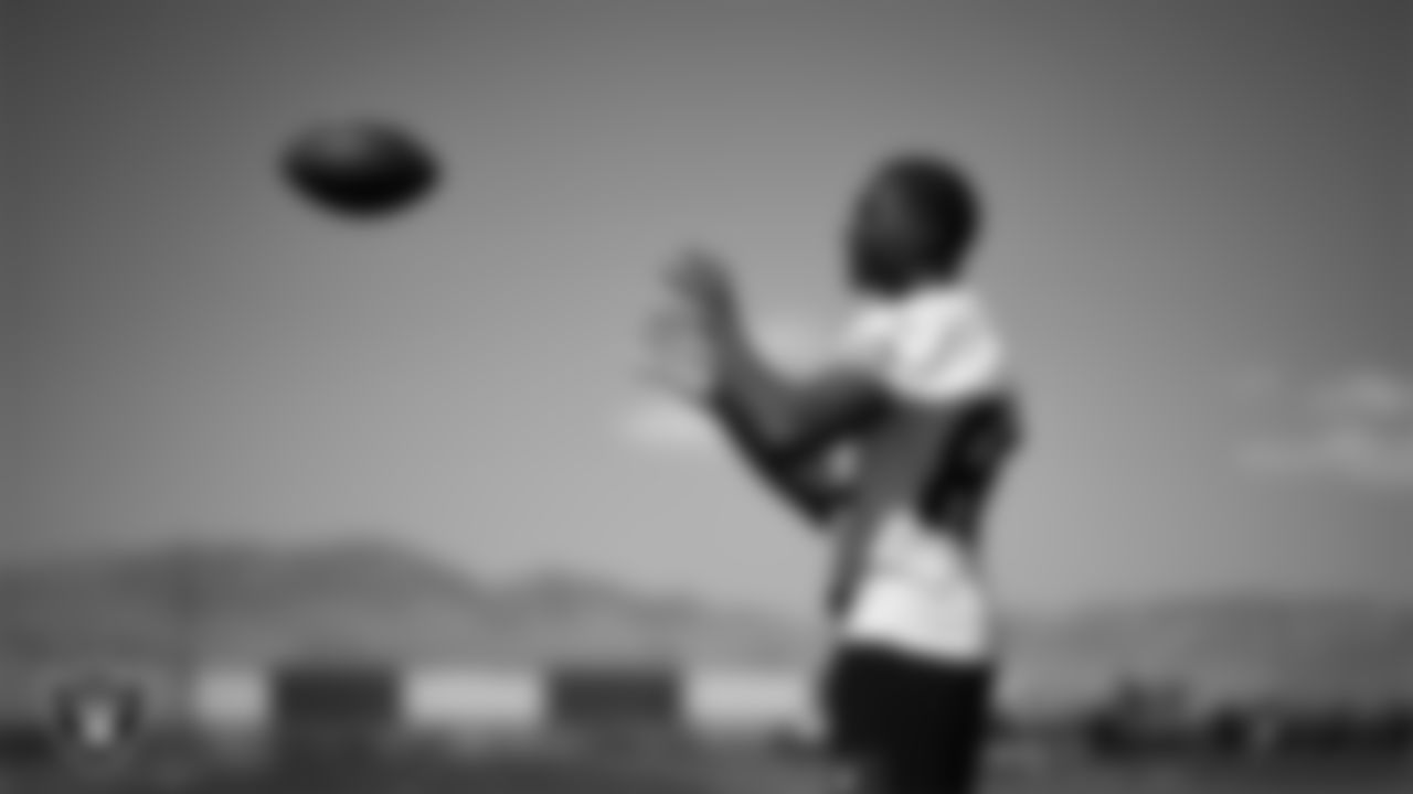 Las Vegas Raiders wide receiver Zakhari Franklin (82) at day two of 2025 Rookie Minicamp at Intermountain Health Performance Center.
