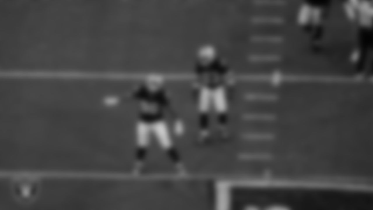 Las Vegas Raiders defensive tackle Jonah Laulu (96) celebrates after sacking the quarterback during the regular season home game against the Los Angeles Chargers at Allegiant Stadium.