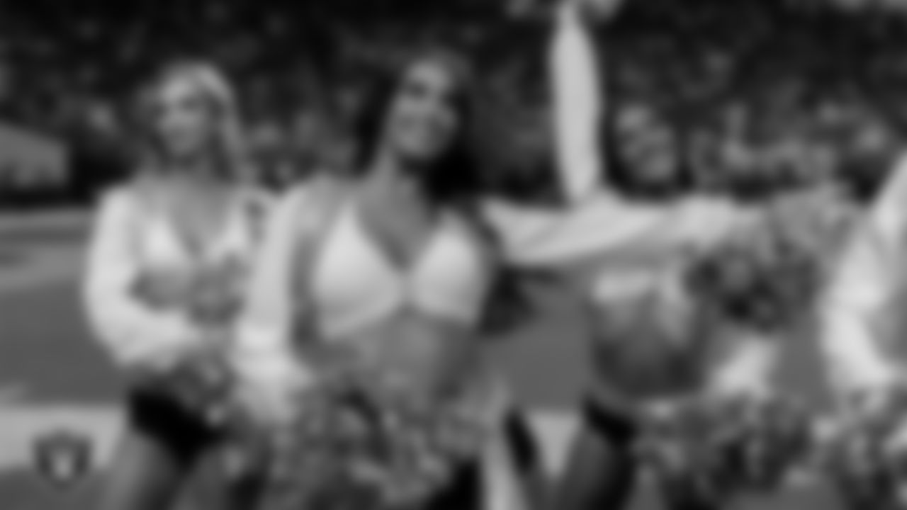 Raiderette Raegen on the sidelines during the regular season home game against the Jacksonville Jaguars at Allegiant Stadium.