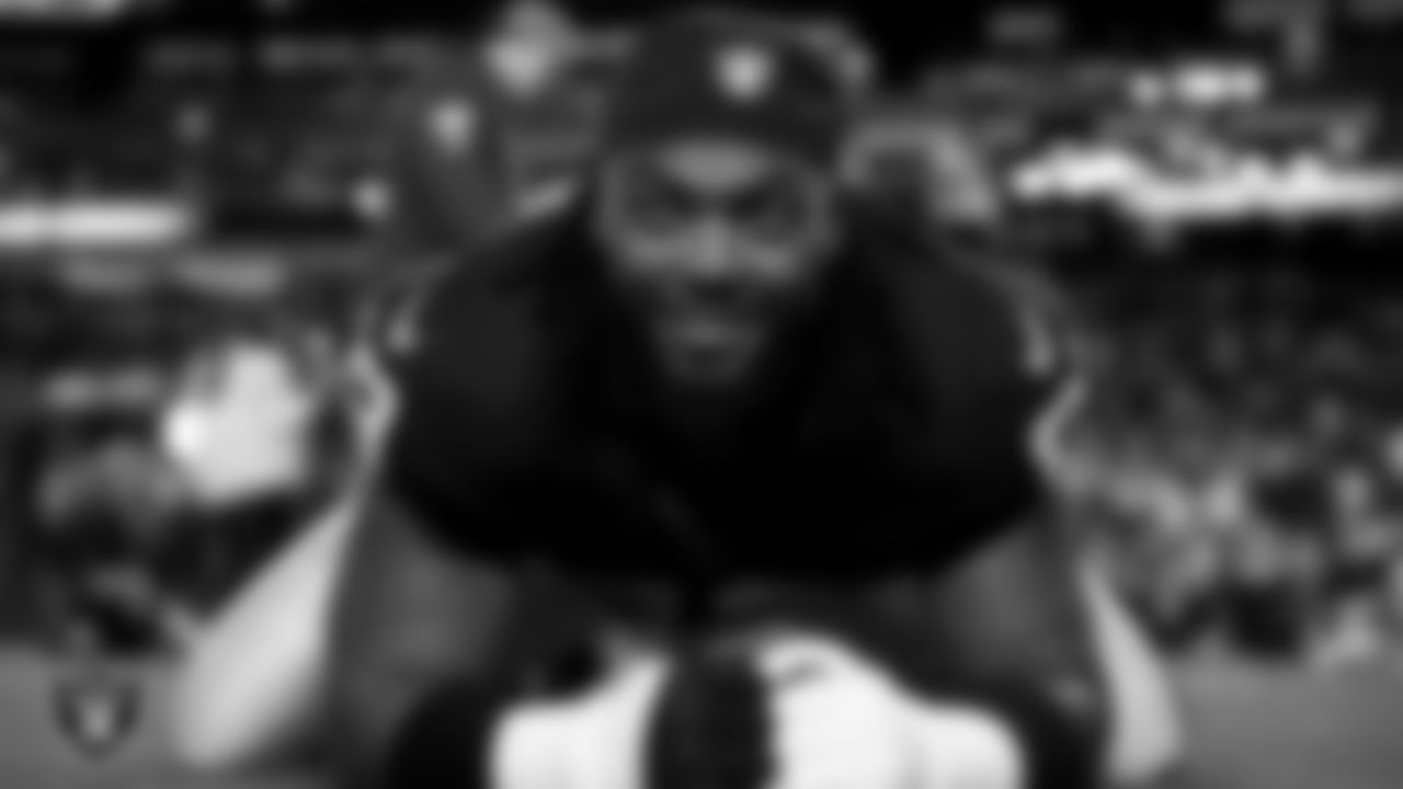 Las Vegas Raiders defensive tackle Adam Butler (69) warming up before the regular season home game against the Dallas Cowboys at Allegiant Stadium.