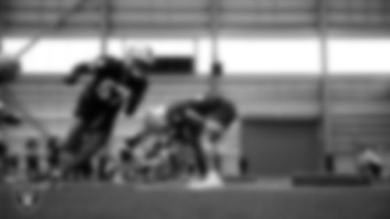 Las Vegas Raiders linebacker Jailin Walker (57) at an Organized Team Activity (OTA) at Intermountain Health Performance Center.