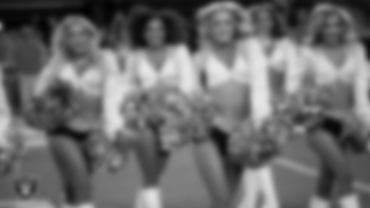 Raiderette Kennedy performs on the field before the regular season home game against the Los Angeles Chargers at Allegiant Stadium.