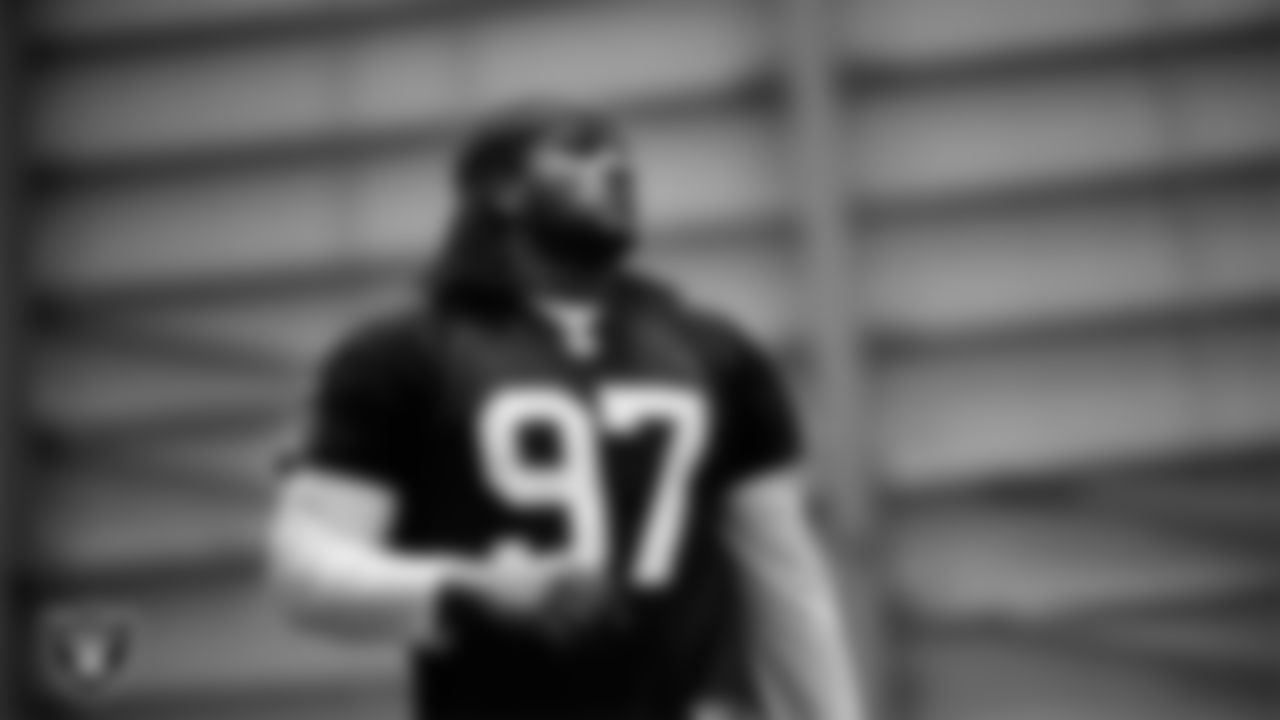 Las Vegas Raiders defensive tackle Tonka Hemingway (97) at a workout during phase two of the offseason program at Intermountain Health Performance Center.