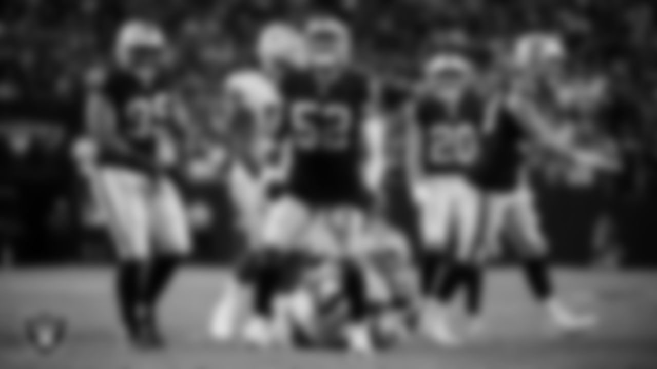 Las Vegas Raiders linebacker Elandon Roberts (52) celebrates after making a tackle during the regular season home game against the Dallas Cowboys at Allegiant Stadium.