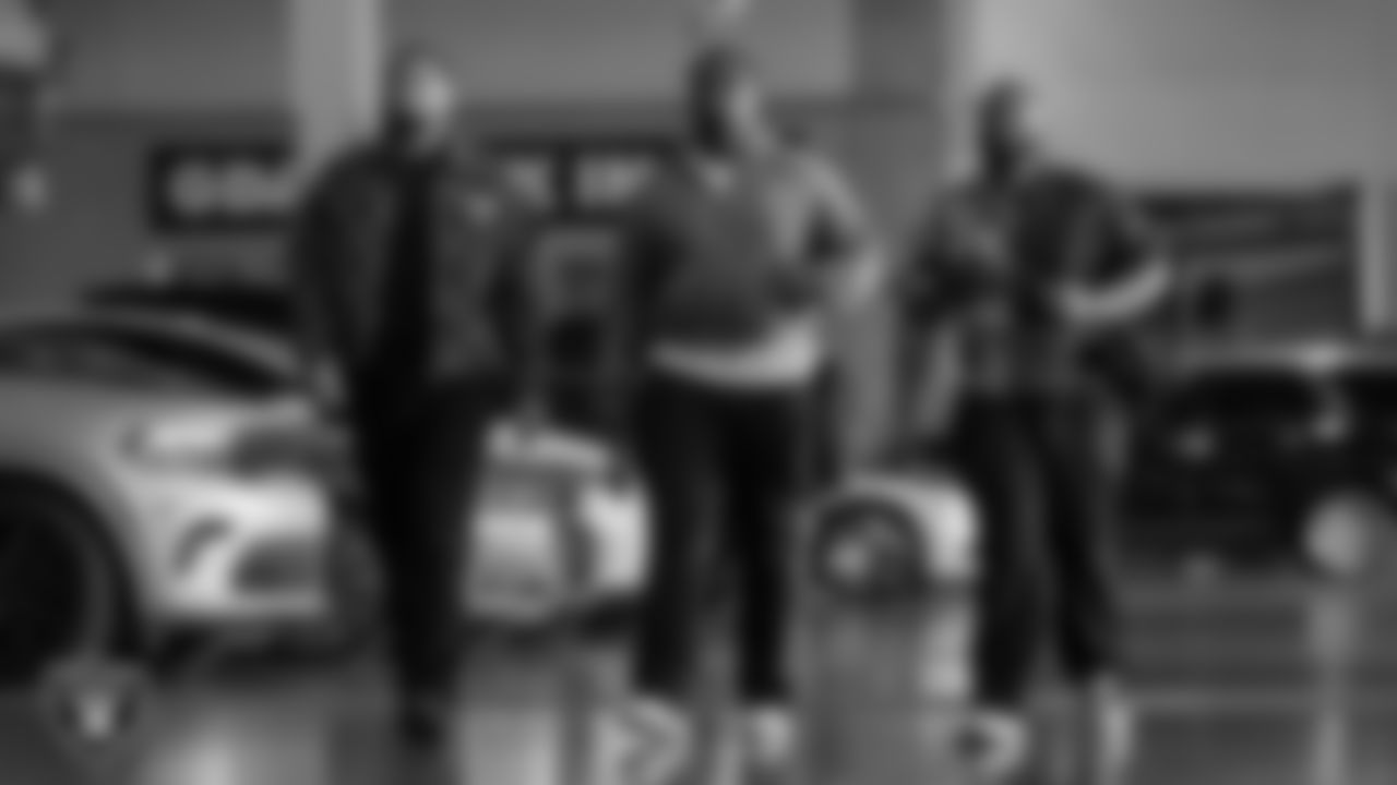 Las Vegas Raiders defensive tackle Jonah Laulu (96), defensive tackle JJ Pegues (92) and assistant defensive line coach Kenyon Jackson arrive to the regular season home game against the Kansas City Chiefs at Allegiant Stadium.