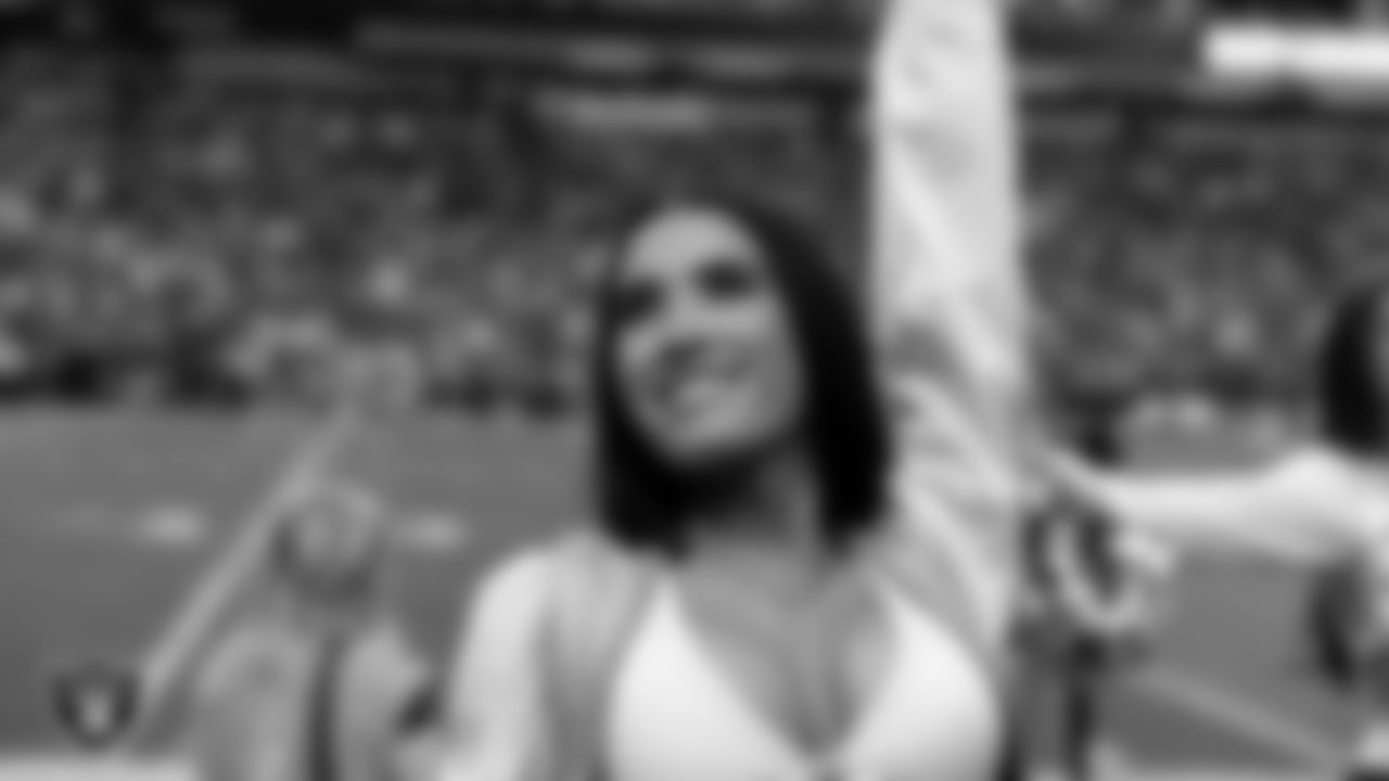 Raiderette Kylie on the sidelines during the regular season home game against the Denver Broncos at Allegiant Stadium.