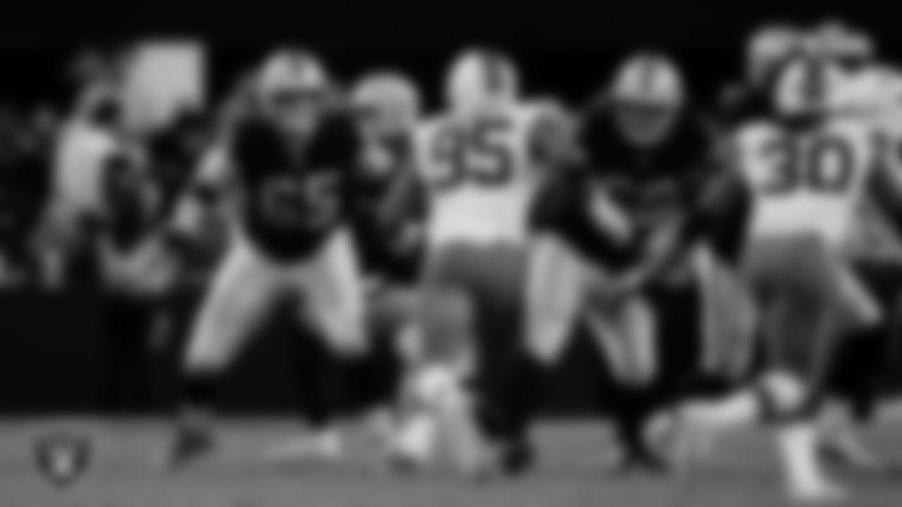 Las Vegas Raiders guard Alex Cappa (65) and guard Dylan Parham (66) during the regular season home game against the Cleveland Browns at Allegiant Stadium.