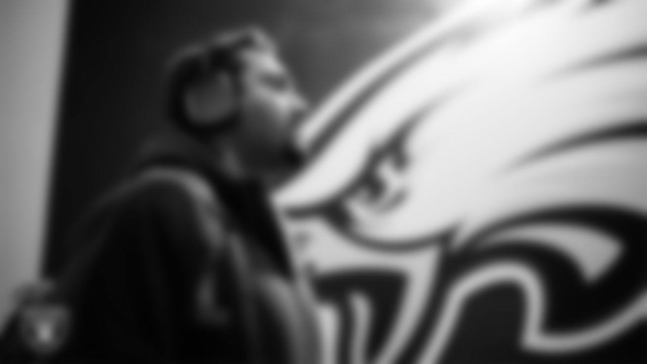 Las Vegas Raiders offensive lineman Stone Forsythe (70) arrives to the regular season away game against the Philadelphia Eagles at Lincoln Financial Field.