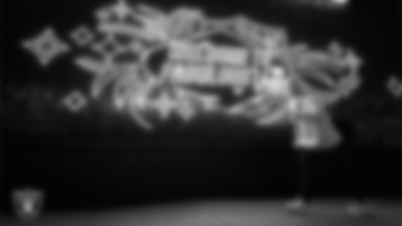 Las Vegas Raiders guard Alex Cappa (65) arrives to the regular season home game against the Denver Broncos at Allegiant Stadium.