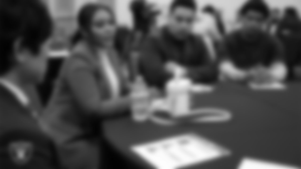 Las Vegas Raiders analyst of business analytics Aomori Allen speaks with students during the Trailblazers in Las Vegas event at UNLV.