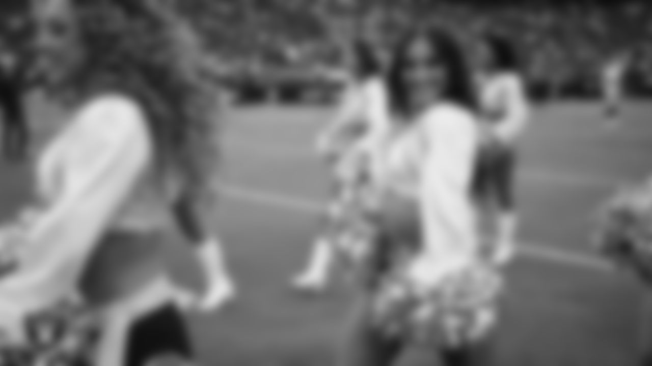 Raiderette Amanda on the field during a 2025 Training Camp mock game at Allegiant Stadium.