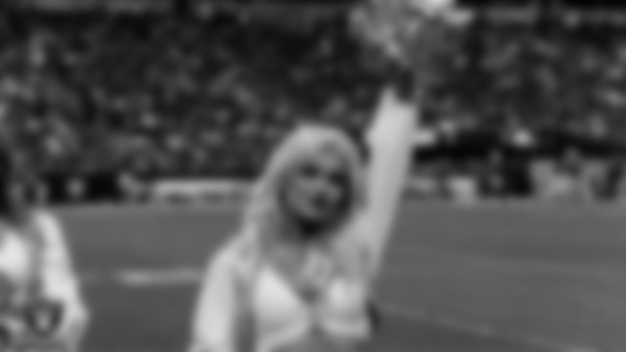 Raiderette Pip on the sidelines during the regular season home game against the New York Giants at Allegiant Stadium.