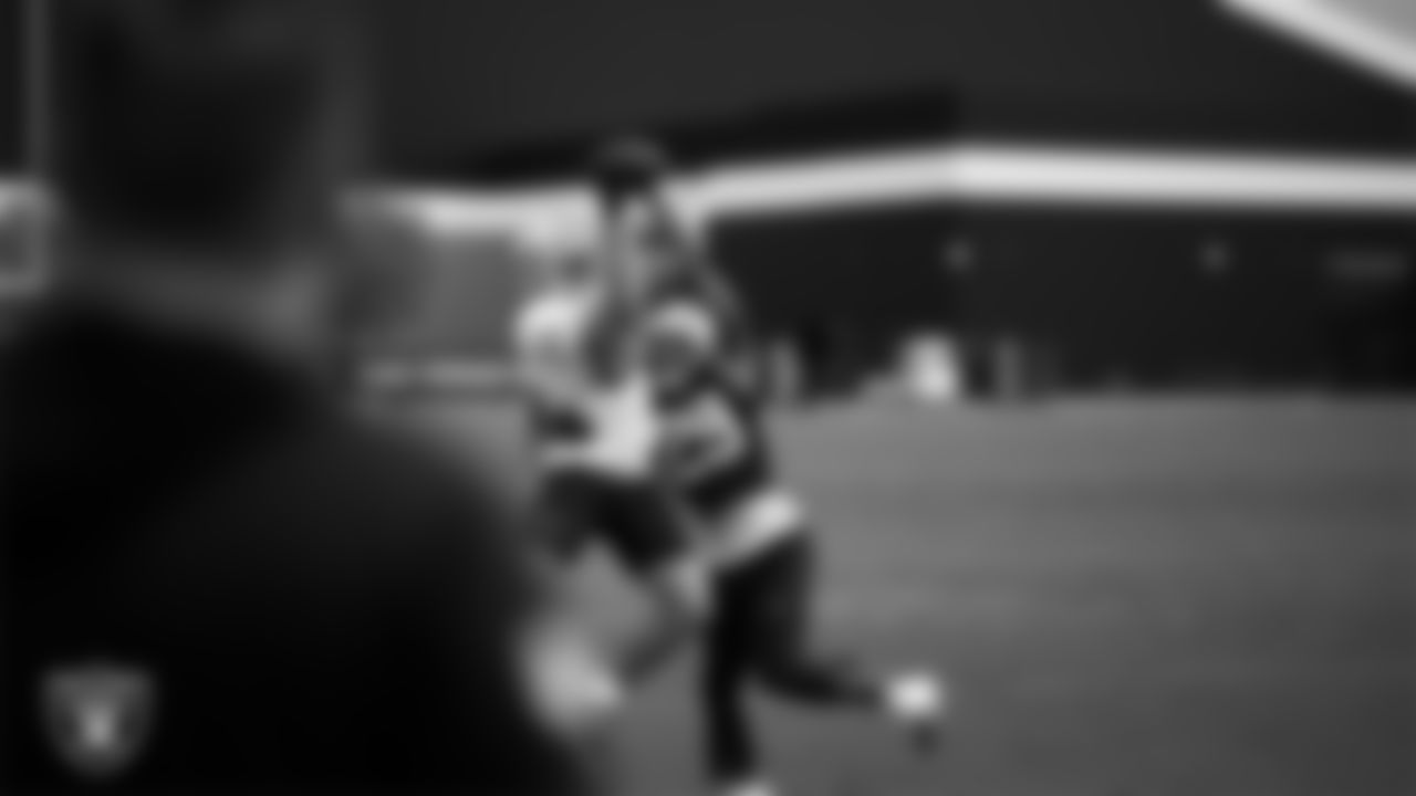 Las Vegas Raiders tight end Brock Bowers (89) and safety Chris Smith II (29) during practice at Intermountain Health Performance Center.