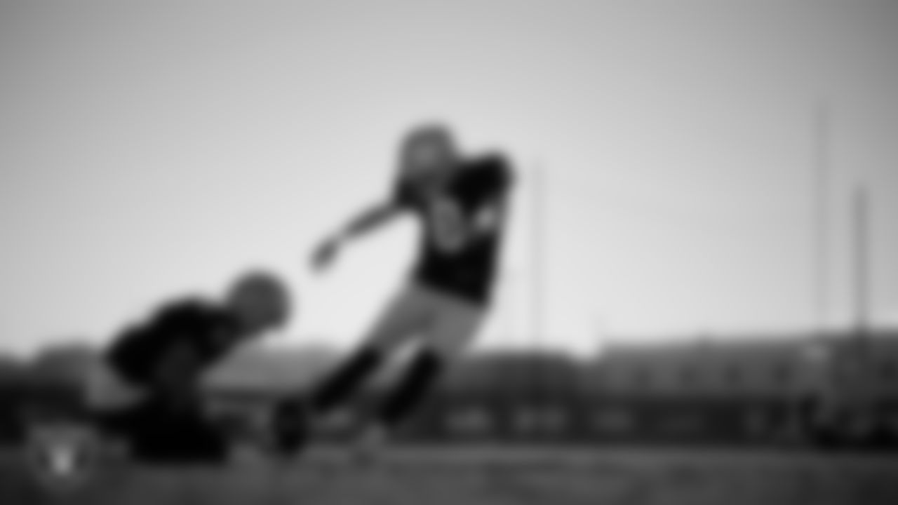 Las Vegas Raiders punter AJ Cole (6) and kicker Daniel Carlson (8) during practice at Intermountain Health Performance Center.