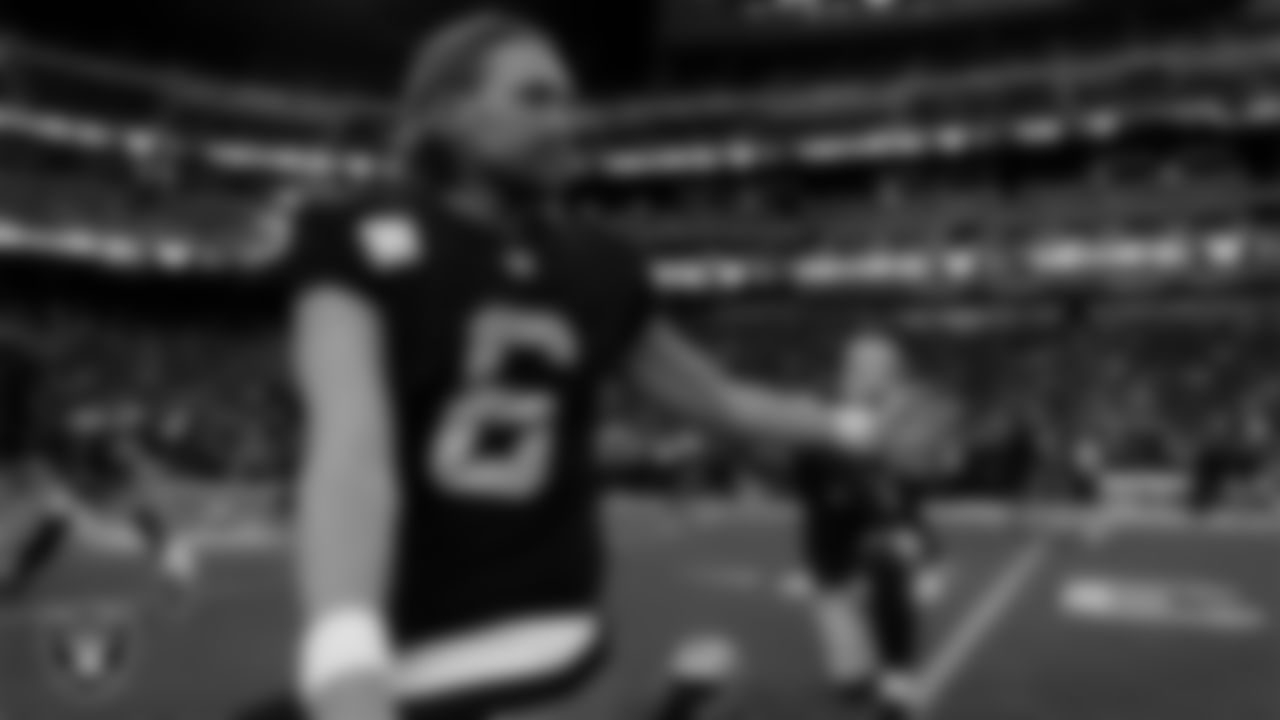 Las Vegas Raiders punter AJ Cole (6) warming up before the regular season home game against the Cleveland Browns at Allegiant Stadium.